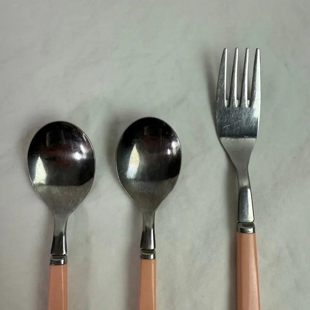 VTG Set of 8 Stainless Flatware Pink Plastic Handle Japan Knives Tea Spoon Forks